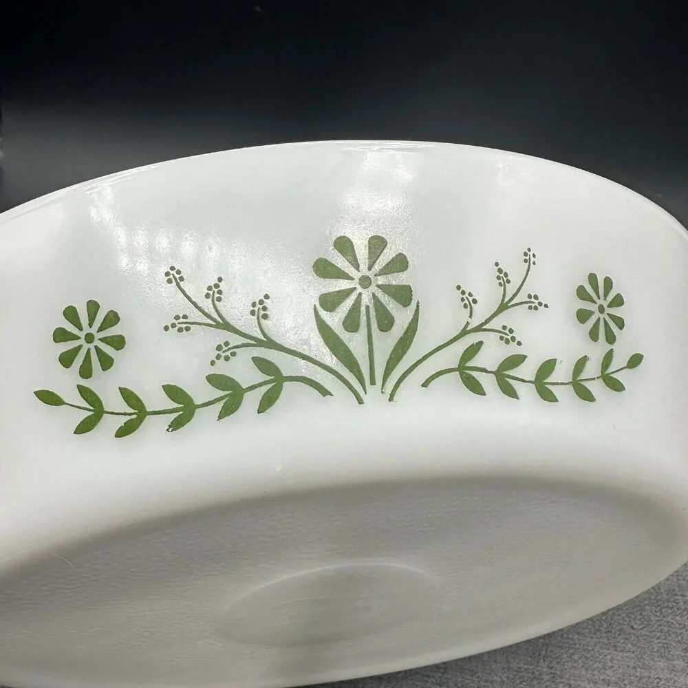 Vintage Glasbake Crazy Daisy Green Divided Casserole Dish Spring Blossom
